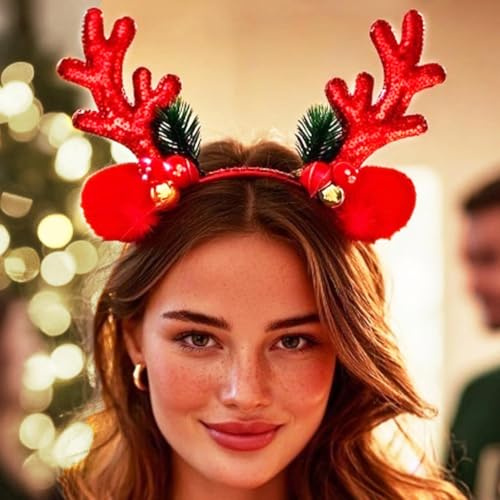 Unicra Weihnachts-Stirnbänder, Rentiergeweih, Haarreif für Weihnachten, roter Kopfschmuck, Elch-Kostüm, Party-Haarschmuck für Damen und Mädchen (rot)