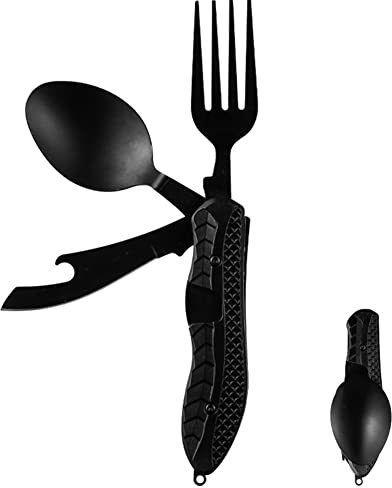 4-in-1 Outdoor Campingbesteck Set Campingutensilien-tragbarer Edelstahllöffel, Klappbesteck Outdoor Besteck aus Edelstahl- Messer Gabel Löffel Flaschenöffner Set - für Camping und Outdoor