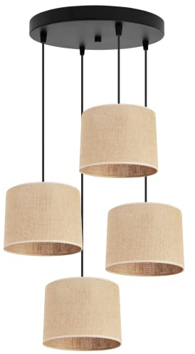 Light-Home Juta Hängelampe - Deckenlampe - Pendelleuchte aus Metall mit Lampenschirm aus Stoff - E27 - Oval 4-Flammig 20 cm - Schwarz Untersatz - Jute