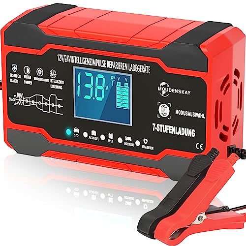 MOUDENSKAY Caricabatteria da 10A,12V/24V,Caricabatterie automatico per auto con schermo LCD e compensazione della temperatura,modalità di riparazione per auto,moto,batterie AGM gel acido piombo ecc
