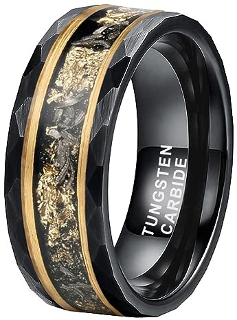 TUTISS 8mm Black Hammered Tungsten Rings for Men Women Engagement Wedding Bands Genuine Meteorite Shavings Gold Foil Inlay Matte Finish Comfort Fit Size 9.5