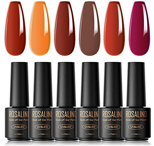ROSALIND Vernis Semi Permanent，6 Couleurs Mini Rouge orange Brun Violet Vernis à Ongles Gels Semi-permanents UV LED Soak Off Gel Nail Polish Kit