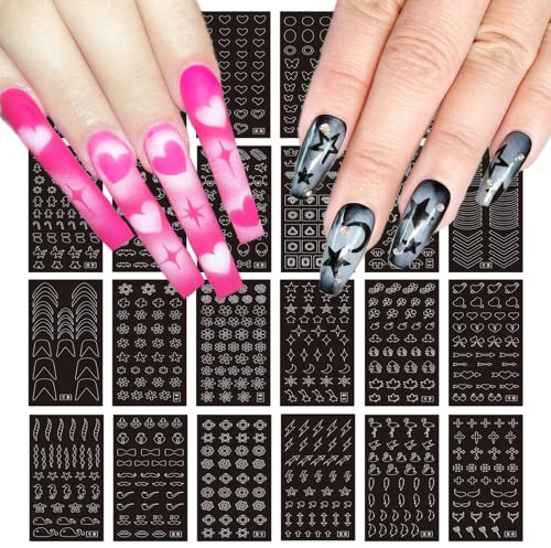 24 Sheets Airbrush Stencils Nail Stickers for Nail Art, French Nail Decals Printing Template Stencil Tool Moon Stars Heart Butterfly French Design Hollow (154 Designs)