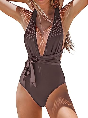CUPSHE One Piece Swimsuit for Women Bathing Suit Sexy Deep V Neck Wrap Tie Cross Back Coffee Brown