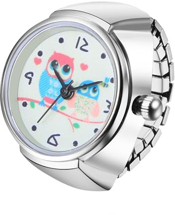 JewelryWe Ringuhr Fingeruhr Elastisch Eule - Damen Analog Quarz Fingerringuhr Ring Uhr Uhrenring mit Eule rundem Zifferblatt und Silber Legierung Elastisch Band