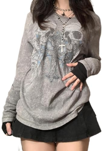 Gotiska randiga grafiska t-shirts för kvinnor, Y2k, Fairy Grunge, emo-kläder, estetiska långärmade säckiga t-shirts, tonårstjejer, toppar, Grått-1, M