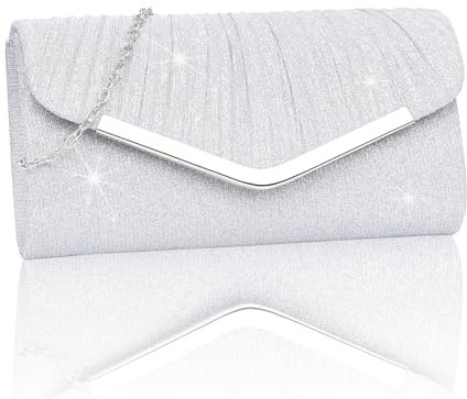 Larcenciel Silber Clutch, Glitzer Handtasche für Damen, Metallic Pailletten Abendtasche mit Abnehmbarer Kette, Elegant Tasche Crossbody Envelope Umhängetasche für Hochzeit, Party, Ferien, 22x5.5x12cm