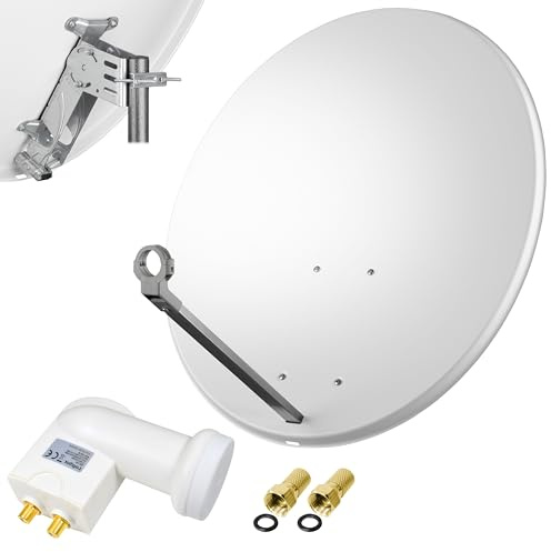 80cm Spiegel Schüssel Stahl + Logisat Twin LNB | 2 Teilnehmer SAT Anlage HD Digital Set hellgrau | DVB-S/S2 Full HDTV 3D 4K Ultra HD UHD Empfang