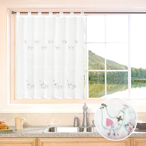 BOD HOME, 1 Pieza, Cortina Blanca Translúcida con Trabillas, Cortinas para Cocina, Diseños de Animales con Acabado de Color, Cortina Media Altura Hecha de 100% Poliéster, 140x140cm, Gallinas