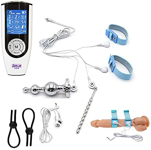 HeYie Appareil de stimulation électrique Cockring/anneau de testicules plug anal dilatateurs urétraux électrostimulation masseur sexuel ensemble avec divers accessoires fétiche SM cock ring sex toy fo