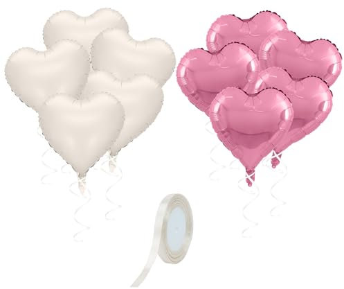 Lot de 10 ballons en forme de cœur, 1 rouleau de ruban blanc, ballons en crème, ballons d'amour, en aluminium, décoration de fête, en forme de cœur (45,7 cm)