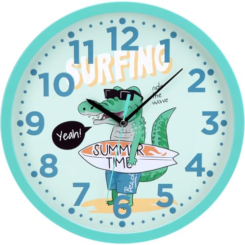 Warminn Reloj de Pared Infantil Silencioso a Pilas con Dibujo de Dinosaurio - Fácil de Colgar, Cocina, Dormitorio, Sala de Estar (Verde)