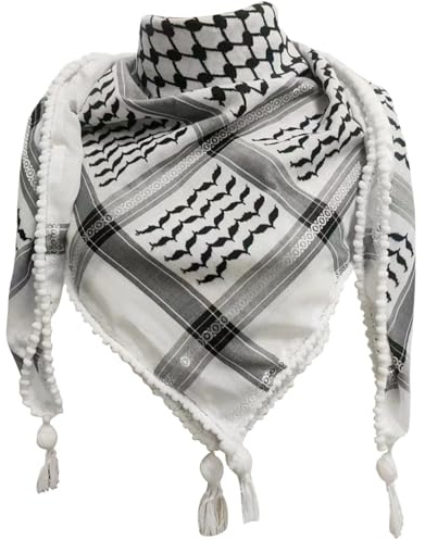 SWEETBIUTI Palästinensischer Keffiyeh Schal aus Atmungsaktivem Polyester - Schwarzweißer Shemagh mit Quasten, Arabischer Kopftuch für Männer und Frauen, 51 x 51 Zoll