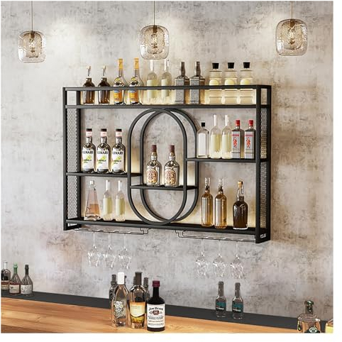 Industrielles Weinregal Wand, Bar-Weinregal Mit LED-Leuchten, Flaschenregal, Flaschenhalter, Weinflaschenhalter, Weinhalter, Weinständer, Weinregal Metall, Bar Regal Wand Aufbewahrungsregal(Black,120x