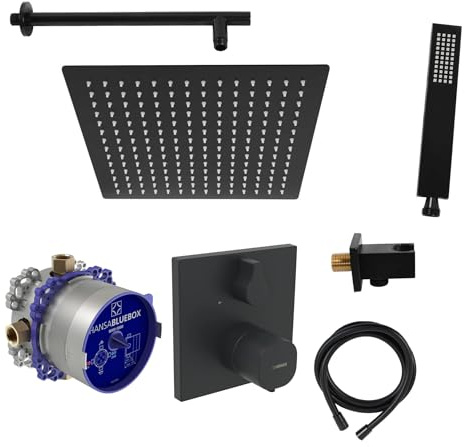 vanvilla Duschsystem Unterputz mit Duscharmatur Hansa schwarz AS105 | Duscharmatur von Hansa Living Thermostat Armatur und vanvilla Regendusche Duschkopf eckig, Dusch-Set schwarz matt