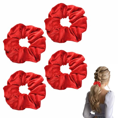 4 Stück Haargummi,Haargummis Rot Samtstoff,Haar Dickes Scrunchie Haarband Elastisch,Scrunchies Haargummi Samt Groß,Haarschmuck,Elastische Haarbänder Pferdeschwanz,Stirnband für Damen und Mädchen