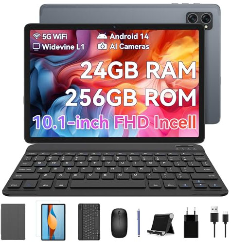 BESTTAB 2025 Nouvelle Tablette Android 14, 10 Pouces, 24 Go+256 Go,Gemini AI,5000Mah,Octa-Core, Widevine L1,FHD, 5G WiFi/GMS Tablette Tactile, Tablette avec Clavier, Souris, Etui, Stylet