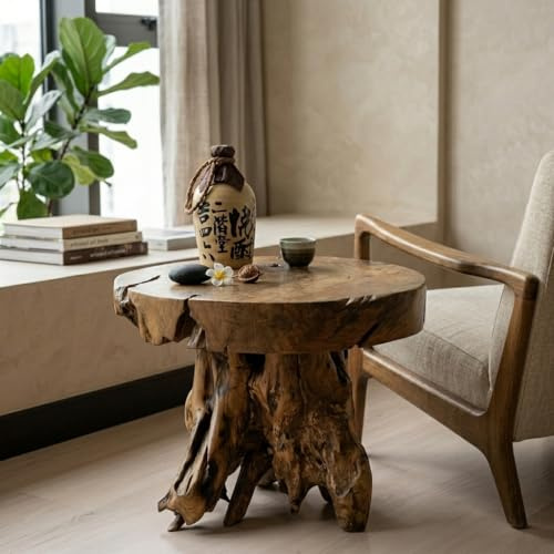 Kinaree Teakholz Beistelltisch JOMTIEN IV - 50cm runder Wurzelholz Baumstamm Hocker - Massivholz Blumenständer (50 cm/Tischplatte 8 cm)