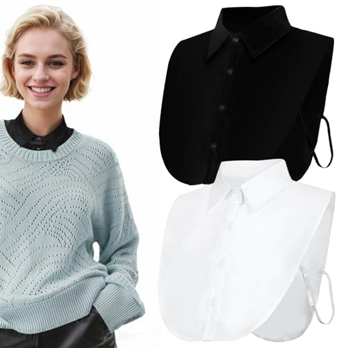 Laralily 2 PCS Krageneinsatz Damen, Abnehmbarer Blusenkragen Aus 100% Baumwolle, Hemdkragen Einsatz Mit Verstellbarem Gummiband, Ideal für Büro und Partys