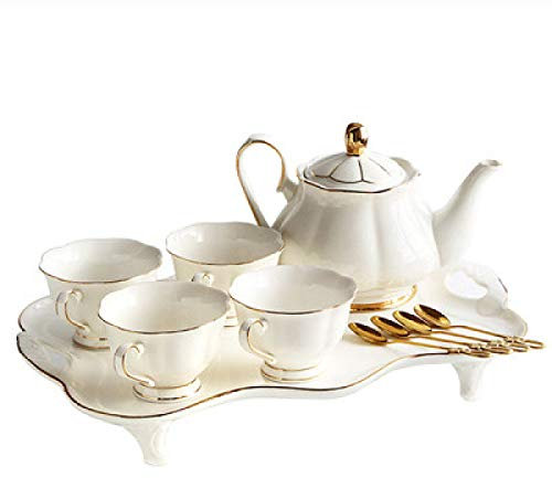 KWMAEEUID Juego de té para Adultos, Juego de té con Tetera, Taza de café, Juego de 4 Tazas de té de Porcelana con cucharas, Tetera Blanca, Bandeja para Servir
