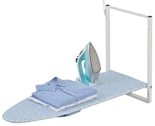 KINGBOARD Tabla de planchar montada en la pared con soporte de hierro, tabla de hierro compacta para espacios pequeños, soporte plegable resistente al calor, 36 x 12 pulgadas, color azul claro