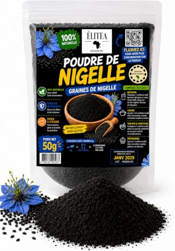 ELITEA - Polvo de Nigella Orgánica 50 g - Semillas de Nigella molidas - 100% puro y natural - Calidad Premium - Ideal para cocina, cuidado de la piel y el cabello, DIY Cosméticos y Remedios Naturales