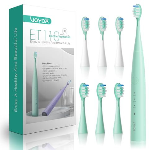 VOYOR-HEALTH Spazzolino Elettrico Adulti, Ricaricabile Spazzolino Denti Elettrico con 6 Testine di Ricambio, IPX7 Impermeabile Spazzolino Sonico per Uso Domestico e in Viaggio ET110 (Verde)