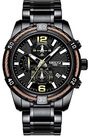 NIBOSI Orologio da Polso Cronografo, Quadrante Nero con Dettagli Oro Rosa, Cinturino in Acciaio Inossidabile, Sportivo, Elegante, Alla moda, Di lusso, Regalo, Impermaebile, al Quarzo, Calendario