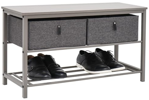 DuneDesign Banco Zapatero Metálico - 80x30x45 Estante Guarda Zapatos con Asiento Madera y Cajones - Banqueta Recibidor - Mueble Organizador Entrada Pasillo Baño - Baúl de Almacenaje Dormitorio Cama