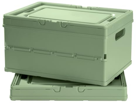 ZLLkeji Juego de 2 Cajas de Almacenamiento de Plástico con Asas y Tapa, Plegables y Apilables, Contenedores Multiusos para Camping, Organizar Juguetes, Libros, Ropa y Utensilios de Cocina(Verde)