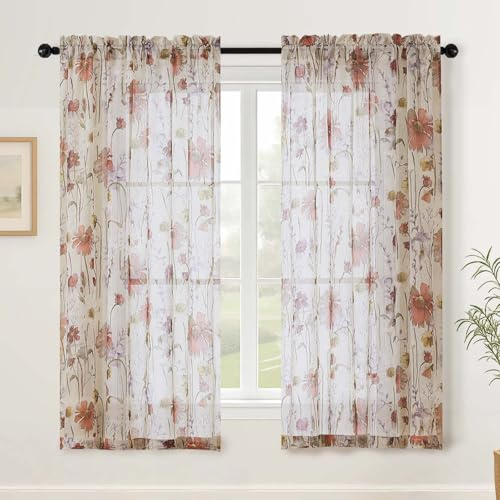 Simplebrand Voile Gardinen mit Doppelperforationstechnik Blumenprint 2er Set 130Bx137H Bleistiftfalten Design Luftdurchlässig Lichtfilter Für Schlafzimmer Küche Badezimmer
