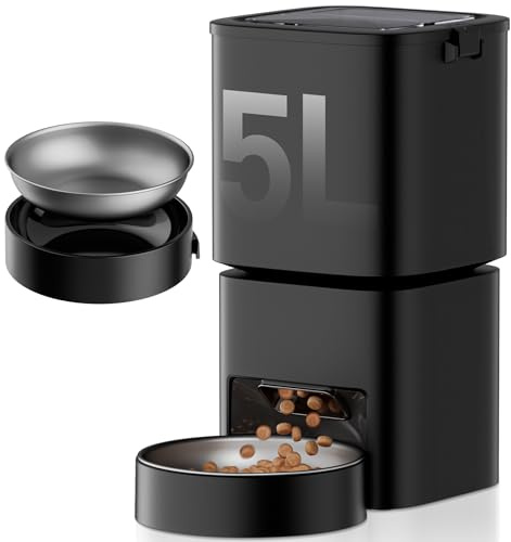 DUDUPET Distributeur Automatique de Croquettes pour Chat et Chien, Capacité 5L, Mangeoire Programmable 1 à 10 Repas par Jour, avec Bol en Acier Inoxydable et Boîte à Dessiccant (Noir1)