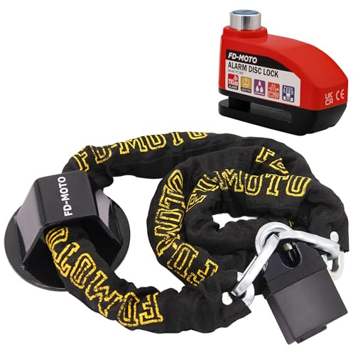 FD-MOTO 1.8M Motorbike Chain Pad Lock & Motorcycle Ground Anchor & Black/Red Alarm Brake Disc Lock
