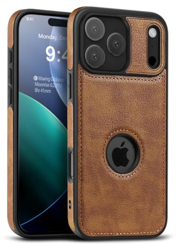 Hulveze Hülle Kompatibel mit iPhone 17 Pro, Luxus PU-Leder Business Handyhülle mit Logoausschnitt, Dünne Stoßfeste Weiche rutschfeste Griff Schutzhülle für iPhone 17 Pro(Braun)