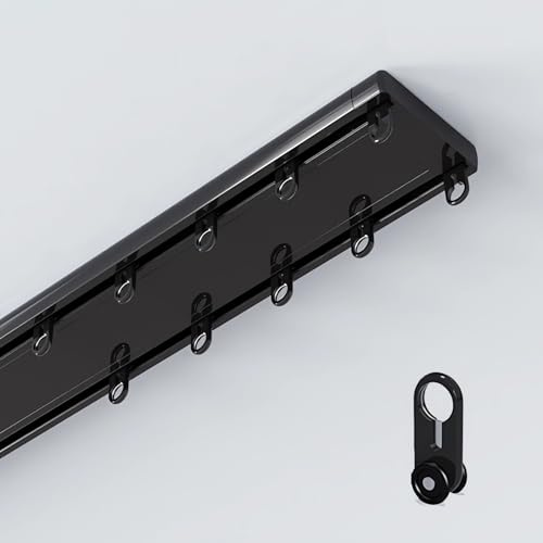 Tringle à rideau double en aluminium avec rouleaux silencieux - 70 à 600 cm - 2 voies pour baie de douche - Séparateur de pièce (noir, 190 cm)