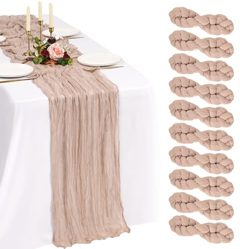 Showgeous Lot de 10 Chemins de Table Vieux Rose 90x300cm Mode Chemin de Table Bohèmes en Gaze,Boho en Tissu Froissé Mousseline Gaze de Coton Rustique pour Mariage Décorations de Table