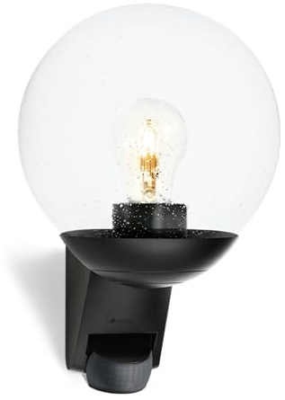 Steinel Vägglampa utomhus L 595 S svart med 180° rörelsesensor, E27-fattning, utomhusbelysning husvägg, utomhuslampa kula glas, IP44