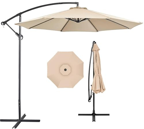 SG Traders 3m Cantilever Garden Parasol - Heavy Duty Umbrella with Cross Base 8 Ribs, Adjustable Tilt, 360° Rotation, Crank Handle UV Protection Sun Shade, Fade Resistant Parasol for Garden & Outdoor