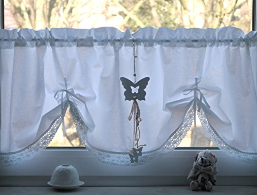 Leinenshop24 Bistrogardine Kurzgardine Weiß mit Spitze 100% Baumwolle 140 x 45 cm Landhaus Shabby Retro Beata