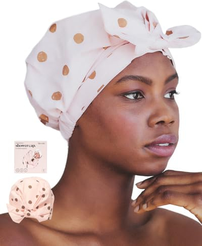 Kitsch Luxury Shower Cap for Women - Reusable Shower Cap for Long Hair with Non Slip Silicon Grip | Waterproof Hair Cap for Shower with One Size Fits Most | Stylish Hair Cover for Shower - Blush Dot