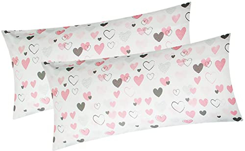 Renforcé Kissenbezug - 2er Set 40x80cm - Love Liebe Herzen (KY-187/1-40x80) | 100% Baumwolle - Kopfkissen-Bezug, Kissenhülle, Dekokissenbezug, mit Reißverschluss, Made in EU