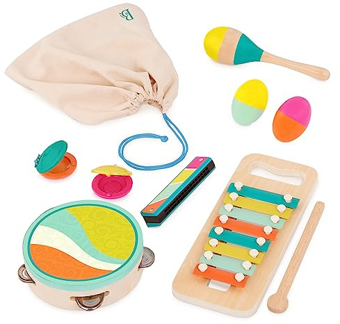 B. toys – Make a Melody – 9 Pieces Wooden Musical Instruments – Xylophone, Tambourine, Harmonica – Drawstring Storage Bag – 2+ Years
