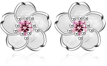CERSLIMO Silver Stud Earrings for Women Girls, Silver Flower Stud Earrings with Pink Cubic Zirconia | White Gold Hypoallergenic Jewellery Earrings Gifts for Gilrs Christmas Birthday Daily Wear