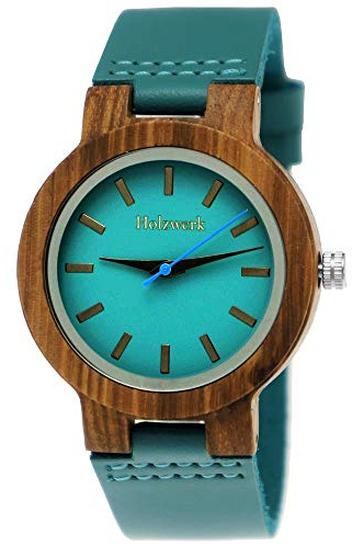 Holzwerk Germany Handgefertigte Designer Damen-Uhr Öko-Natur-Holz-Analog-Quarz-Uhr Leder-Armband in Blau Türkis Braun (Türkis)