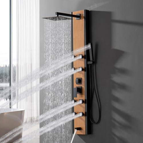 Bathfinesse Shower Tower Shower Wall Panels Bamboo Wood and Stainless Steel with 8 Body Jets Massage and Adjustable Head Handheld Wand and Tub Spout Shower Column Wall Mount