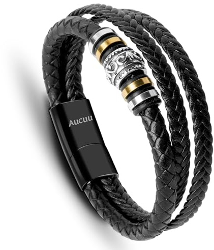 Aucuu Läderarmband, justerbart armband för män, flätade armband, brett rullat armband, med avtagbart magnetiskt lås i rostfritt stål, presentidé till make, pojkvän, far, 8.2 inches (21 cm), Läder