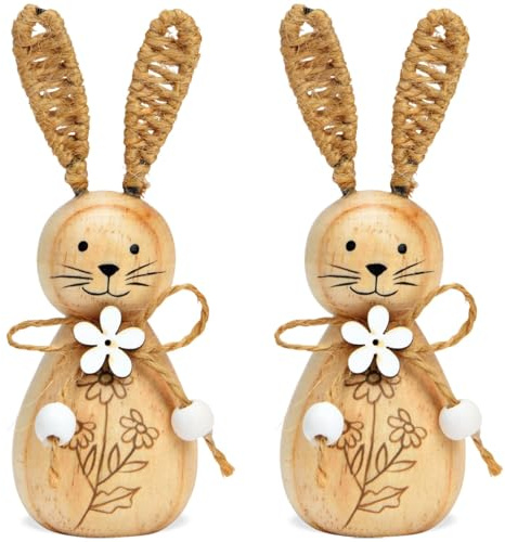 Moderne Osterhasen Dekofiguren aus Holz im Set 10 cm - Landhausstil Osterdeko Hasen mit Blumen als Wohnzimmer, Schlafzimmer oder Flur Deko - Lustige Figuren für Innen als Frühlingsdeko im Boho Style