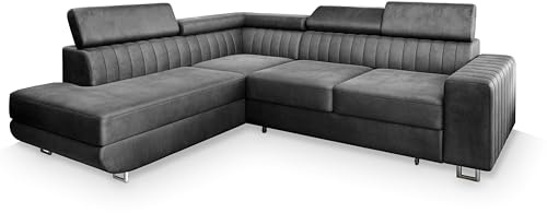 Masseno Ecksofa NOLA L-S mit Schlaffunktion L-Form, Klassisch Sofa mit Bettkasten, Wohnzimmersofa, Couch, Soffa, Bettsofa, Couchgarnitur - Grau, Monolith 85