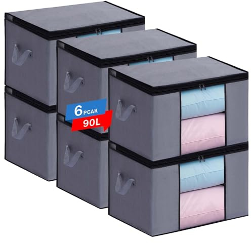 Boic 6 Pezzi Contenitori Per Armadio Salvaspazio, 90L Scatole Per Armadio, Organizer Per Armadio, Scatole Per Vestiti Salvaspazio Con Manico Rinforzato Per Trapunte,Coperte,Biancheria Da Lett