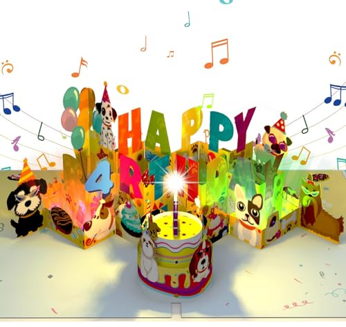Carte d'anniversaire musicale pour enfants de 4 ans, carte pop-up amusante en 3D avec musique, lumières et bougie soufflante pour enfants de 4 ans, garçons, filles, petit-fils, petite-fille, amoureux